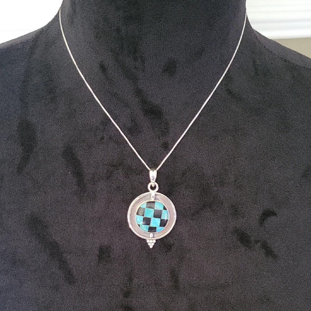 Sterling Silver Checkerboard Turquoise & Black Onyx Pendant 16" Sterling Chain